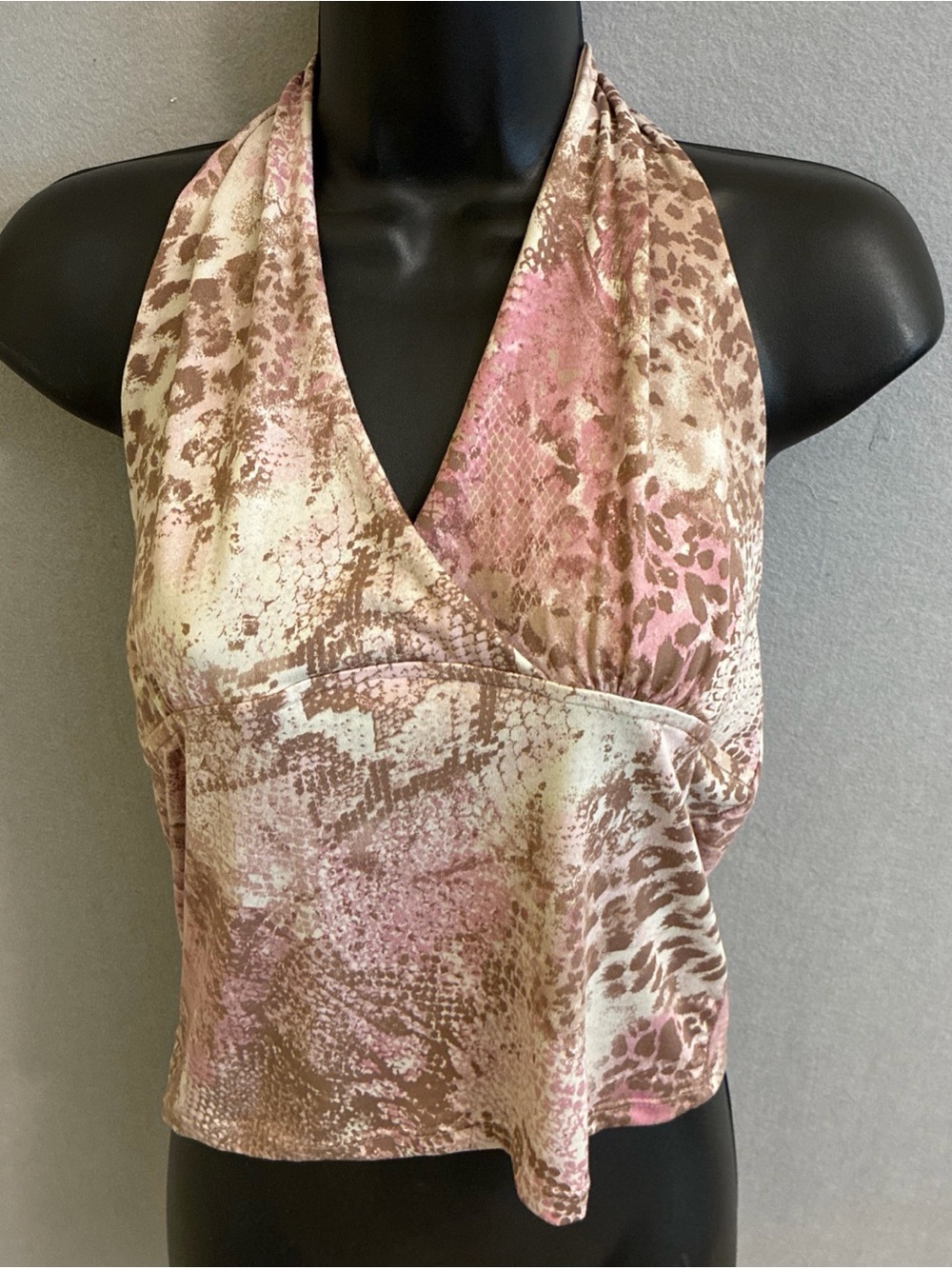 Sleeveless V-Neck Halter Top - Pink & Tan Animal Print
